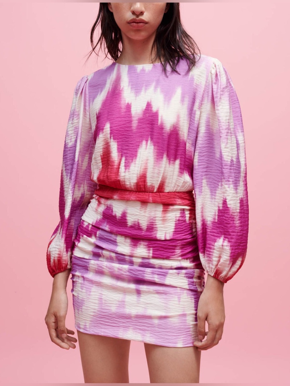 Maje Pink Purple Tie Dye Ruched Mini Dress Balloon Sleeve Size S